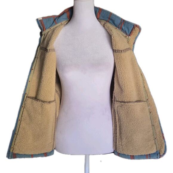 Twist Teal Red Abstract Plaid Vest Sz Med Fleece Lined Pockets Cabin Cottage SEE - Picture 8 of 9